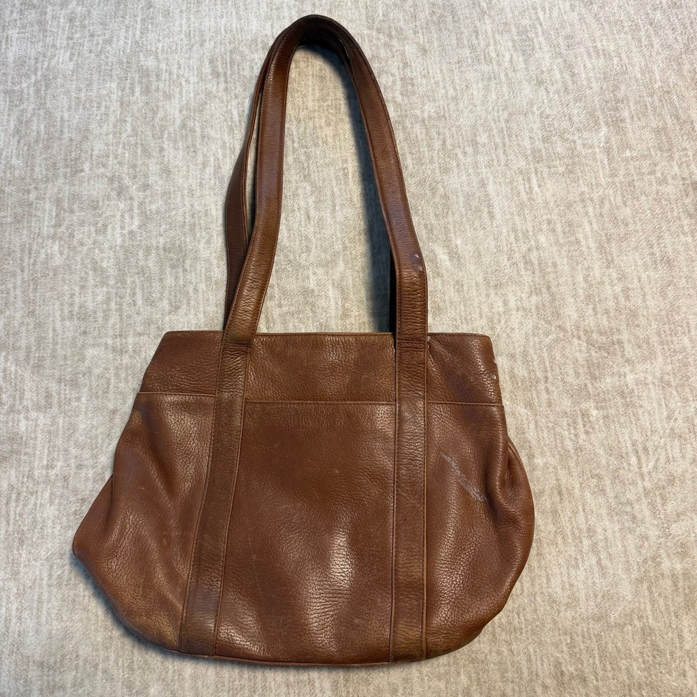 Orvis Brown Pebbled Leather Tote Shoulder Bag Plaid Lined Vintage‎